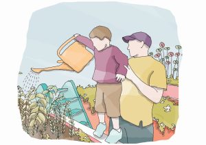 Illustration showing a child watering plants